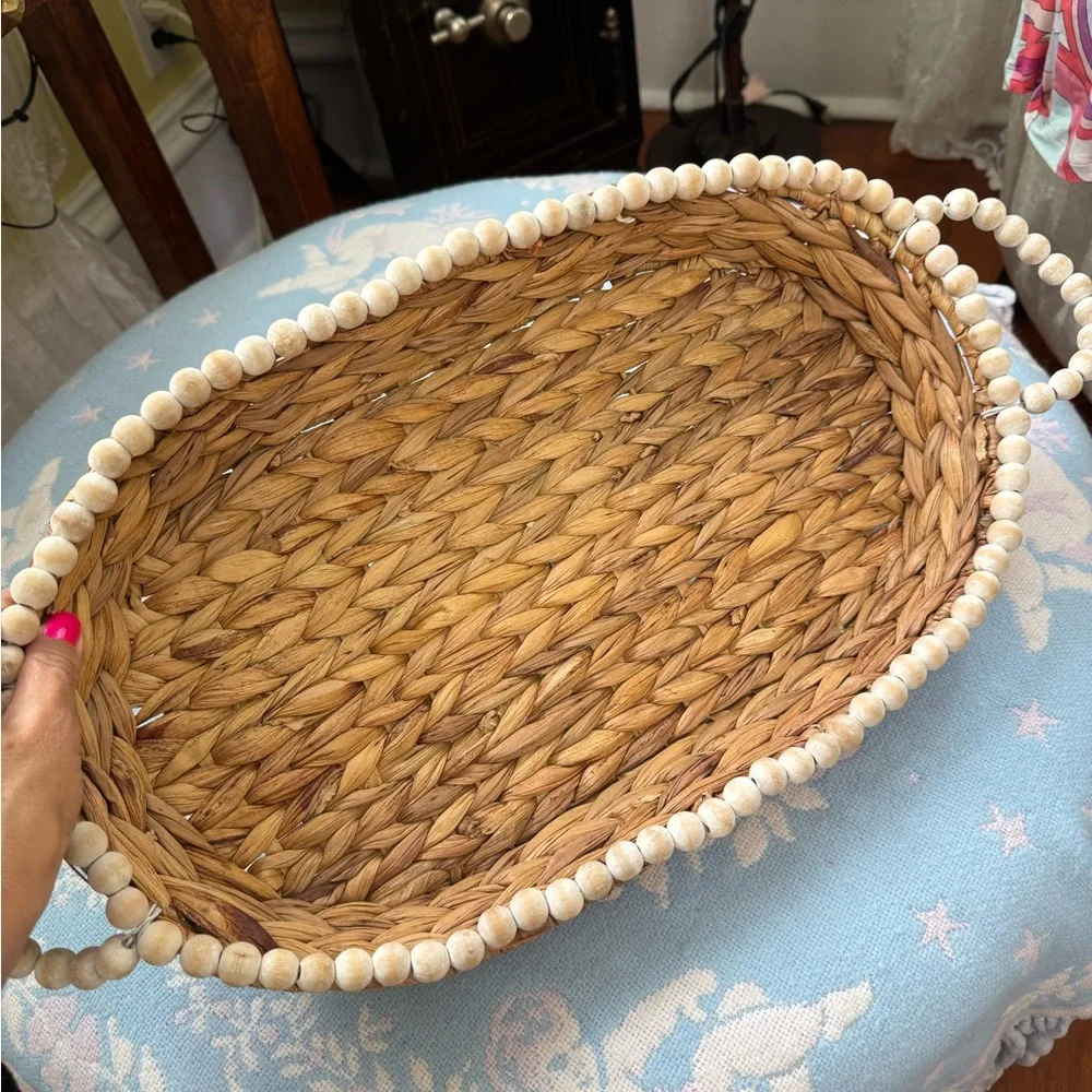 Handwoven Water Hyacinth Tray with Beaded Edge